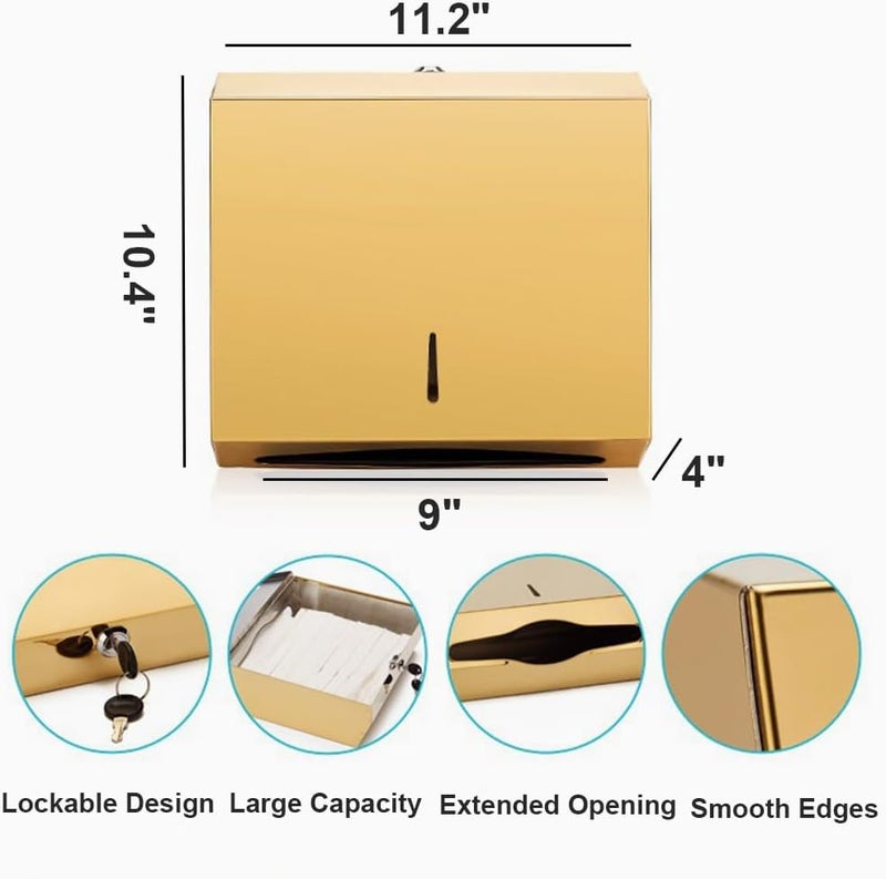 TOBEFORT Comercial Paper Towel Dispenser Wall Mount, Brushed Gold Stainless Steel Hand Towel Dispenser with Lock, Large Capacity Trifold/C Fold Paper Towel Holder for Bathroom Kitchen Office Public Places - Image 3